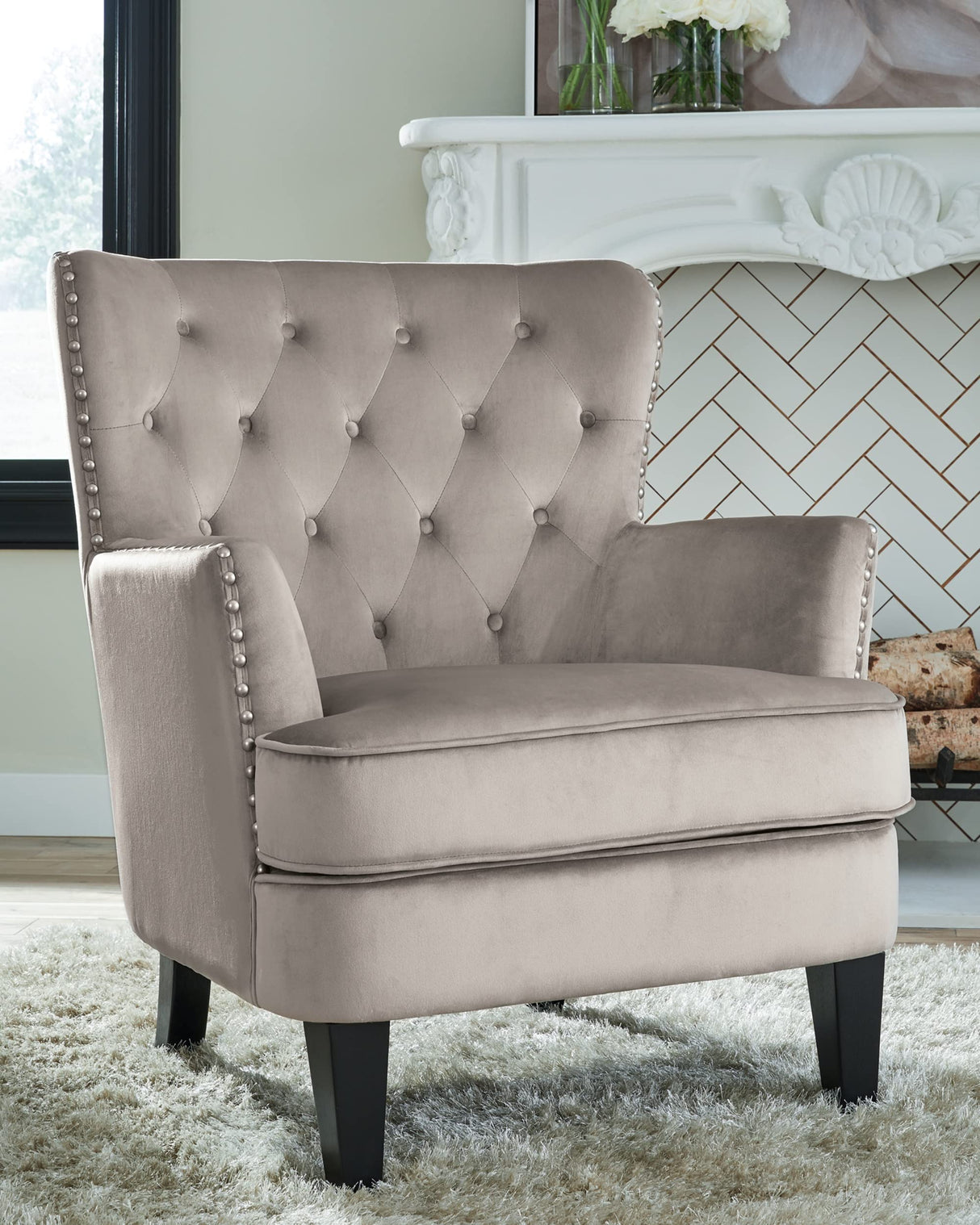 Romansque Button Tufted Accent Chair with Nailhead Trim, Beige