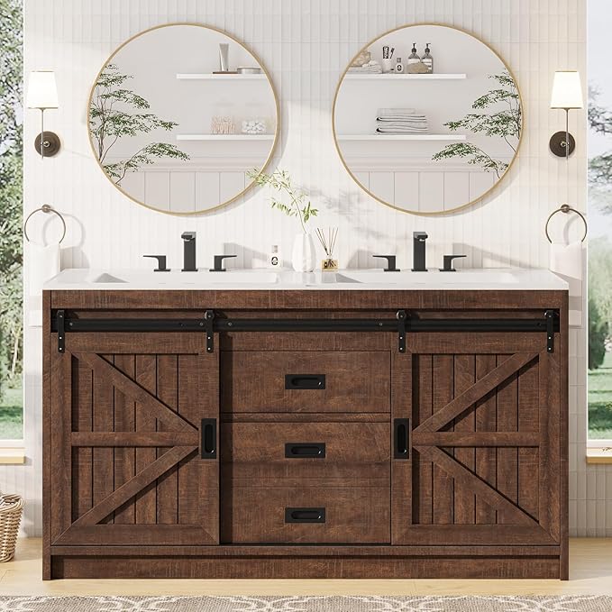 Double Farmhouse Bathroom Vanity with Sink, 61in Sliding Barn Door Bathroom Storage Cabinet
