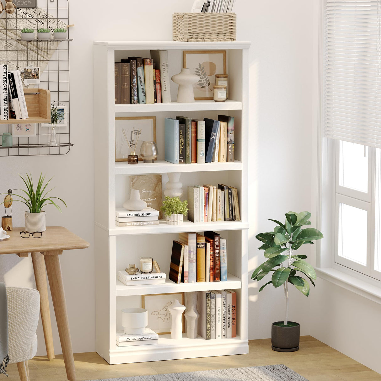 5-Shelf Tall Bookcase White Wooden Bookshelves 33in Wide 5 Tier Bookcases with Adjustable Shelves Floor Standing Display Storage Shelves 70 in Tall Bookcase for Home Office, Living Room, Bed Room