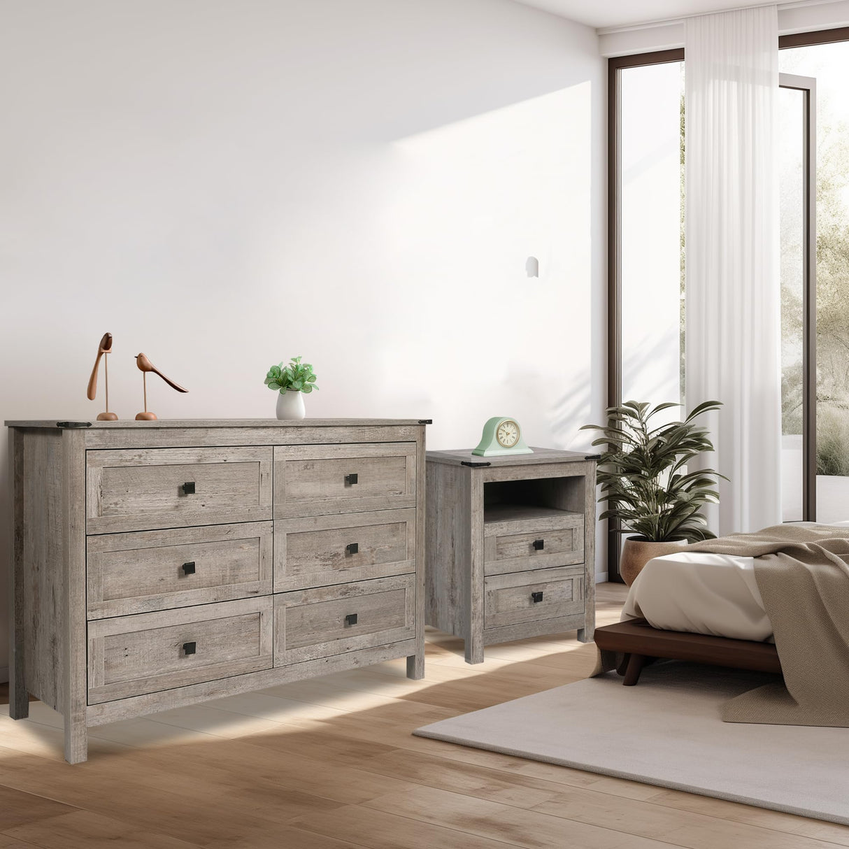 Farmhouse Bedroom Furniture Set, Rustic Wood Double Dresser Chest of Drawers