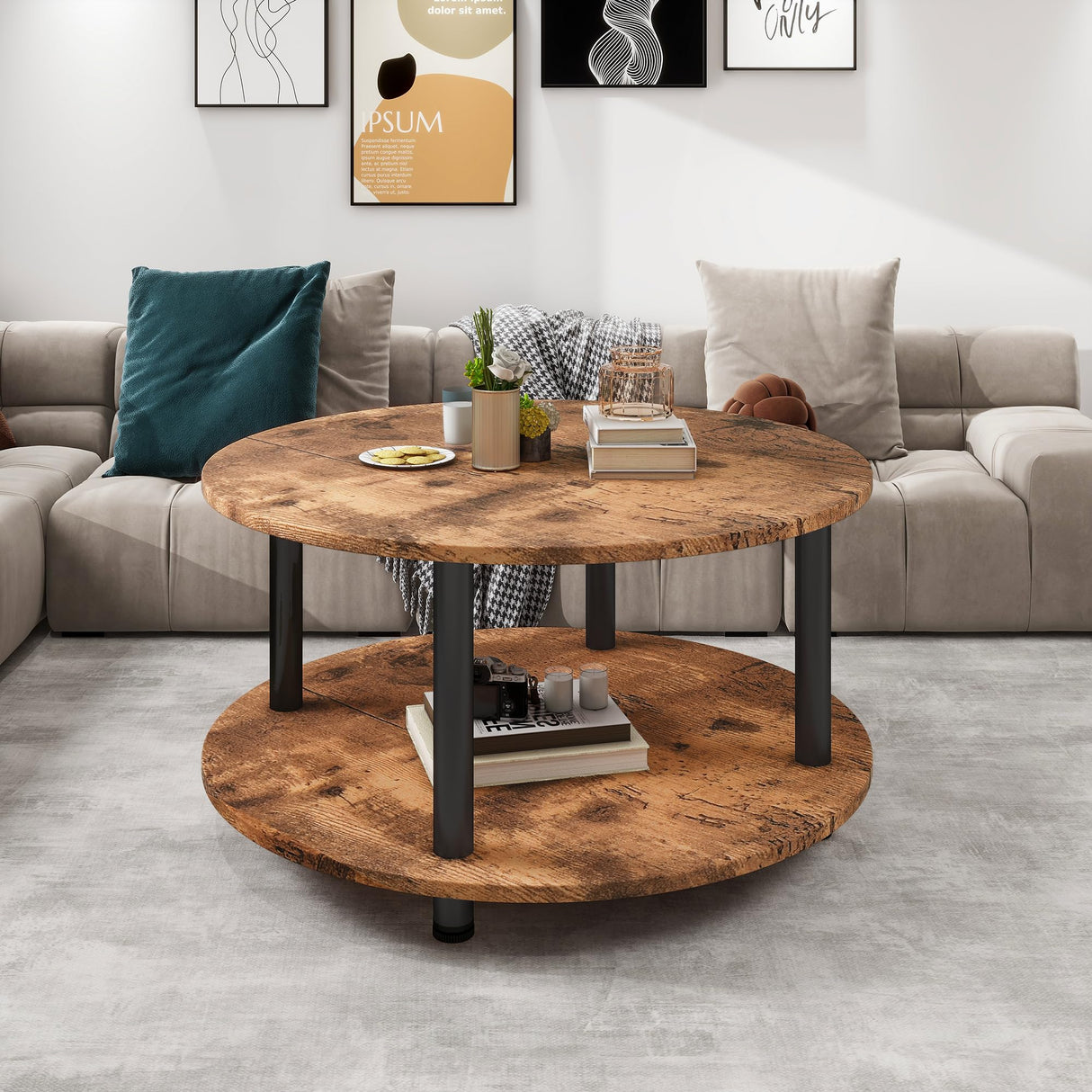 23.6" Round Coffee Table, 2-Tier Small Circle Coffee Table with Storage