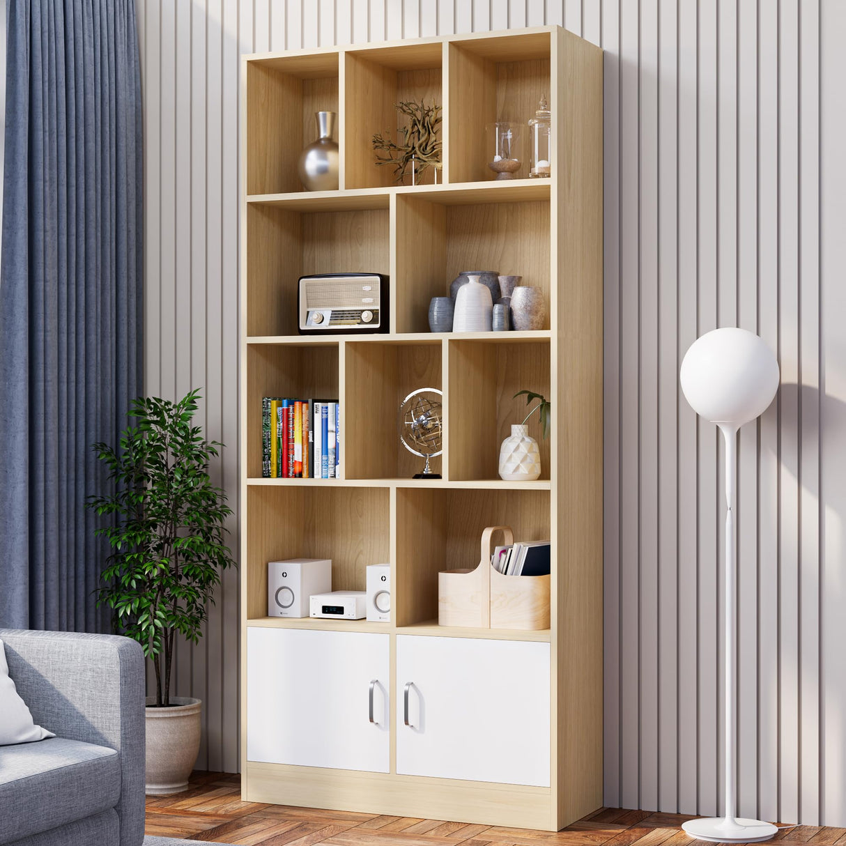 Castle 70" Tall Bookshelf with 12 Cubes and 2 Doors, 4-Tier Open Shelf Bookcase with Cabinet, Modern Cube Storage Organizer for Living Room, and Office, Oak & White