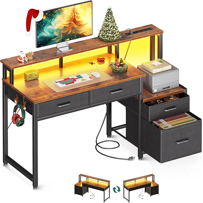 48-Inch Computer Desk with Fabric File Cabinet and Fabric Drawers, Reversible Office Desk