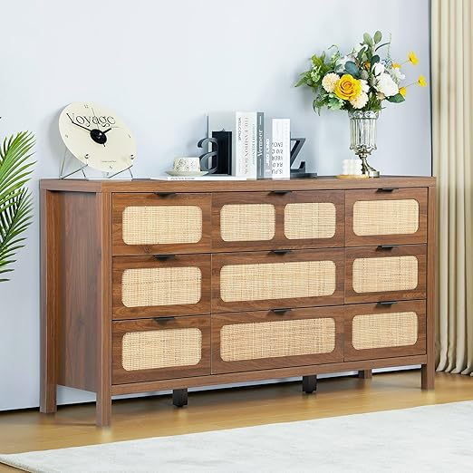 6 Drawer Dresser for Bedroom, Rattan Dresser Drawer Organizer with