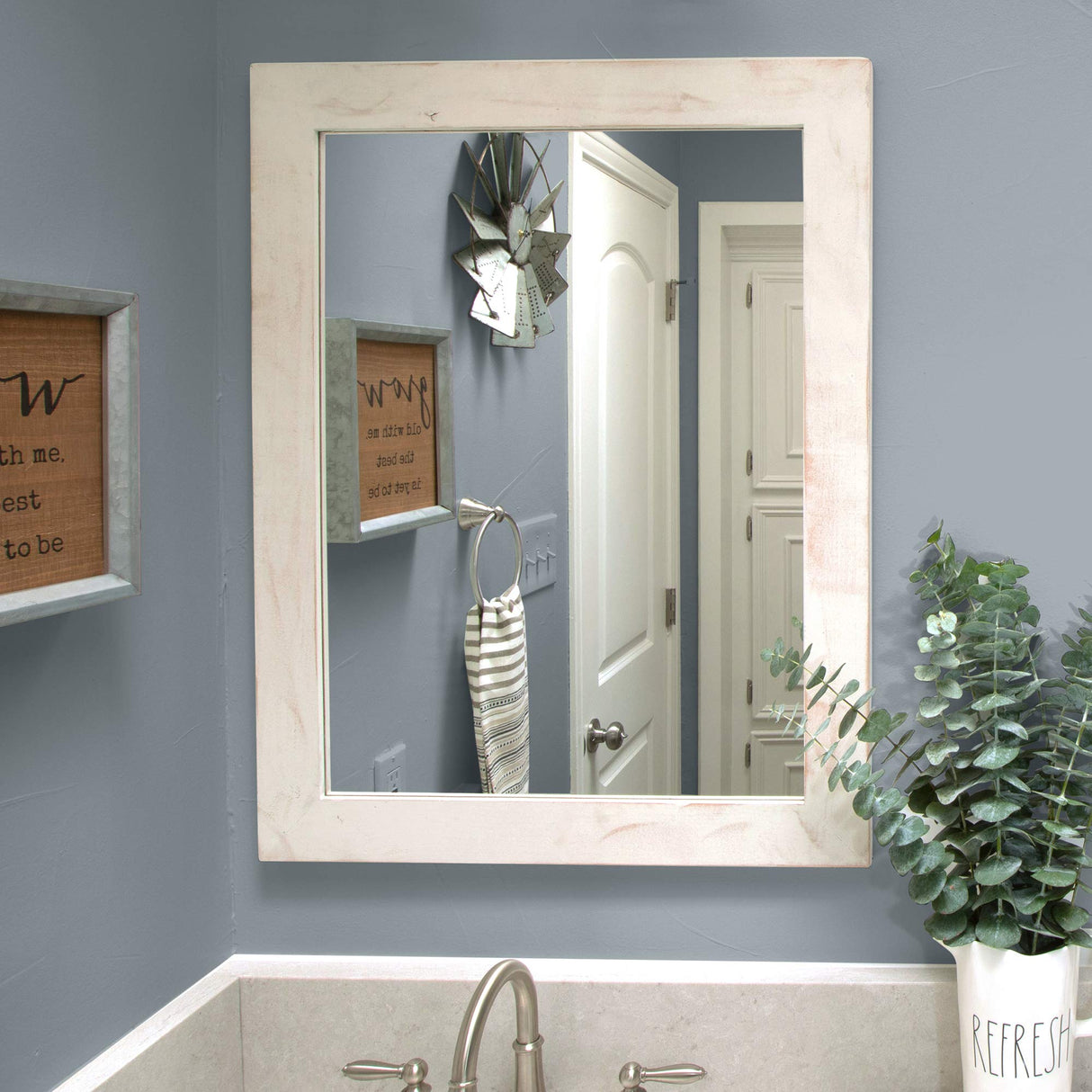 Farmhouse Bathroom Vanity Mirror, Whitewash