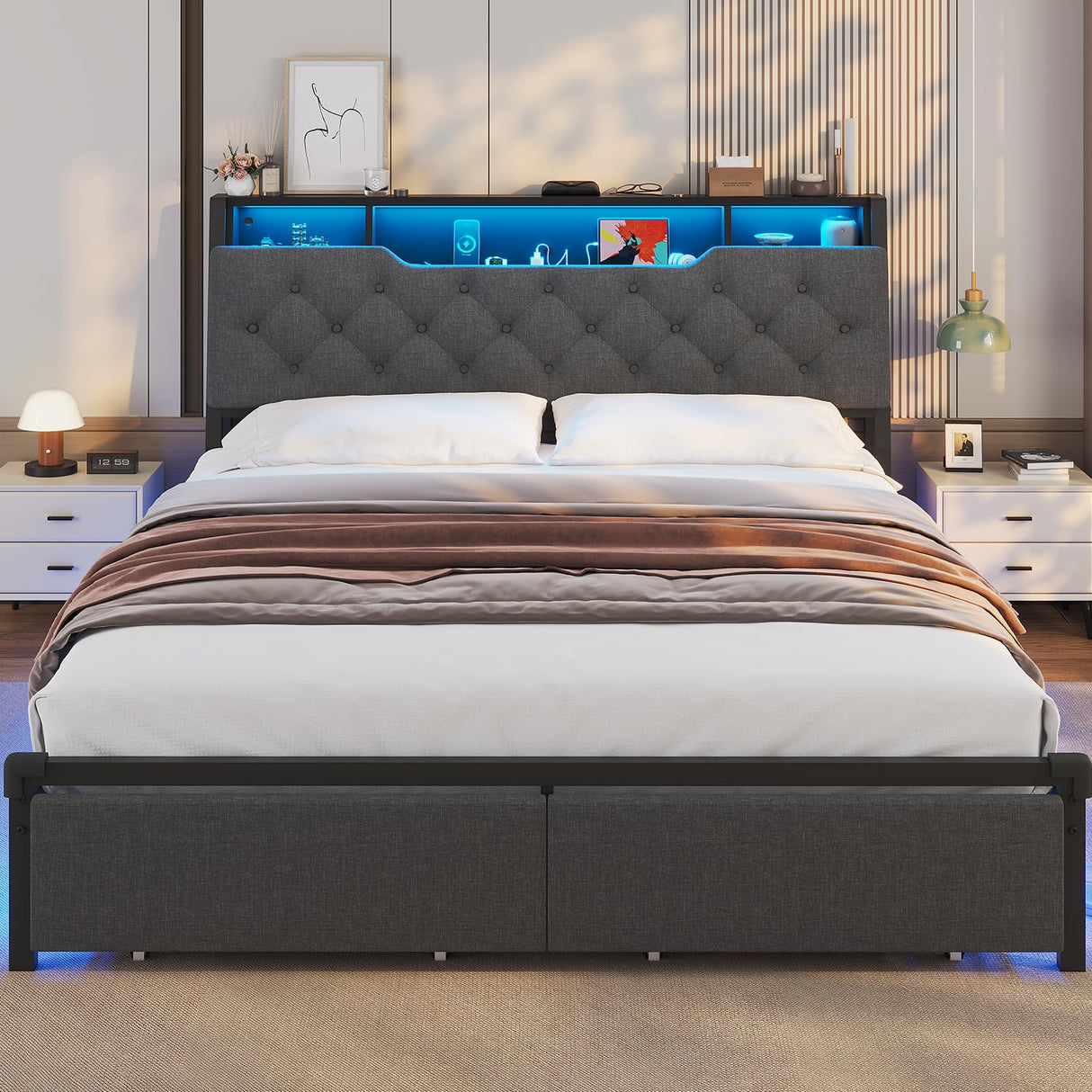 Queen Bed Frame with Charging Station, LED Bed Frame Queen Size