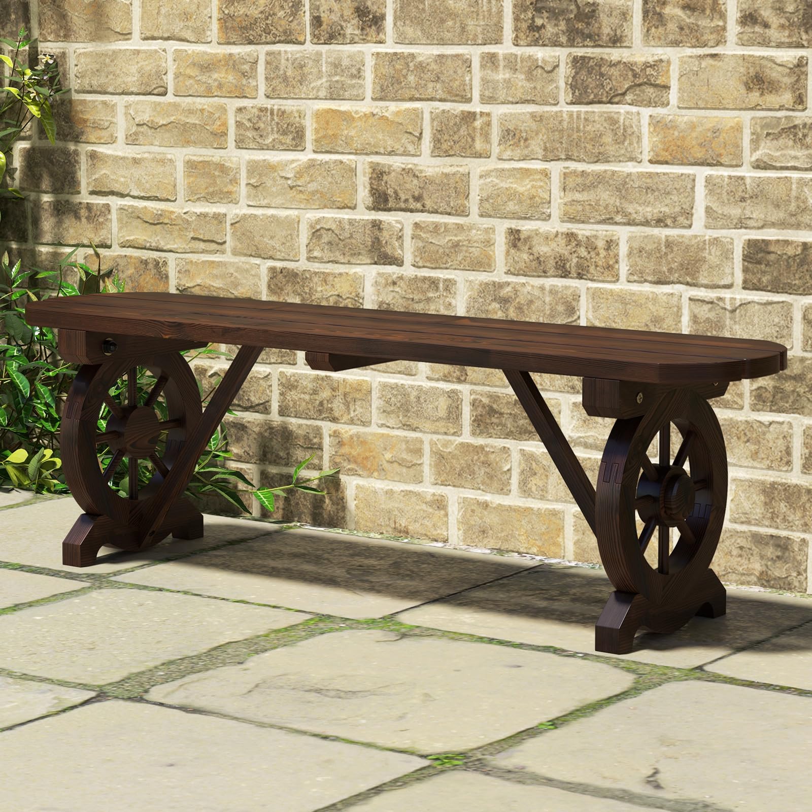 Patio Rustic Wood Bench, Carbonized Wood Long Bench with Wagon Wheel Basce