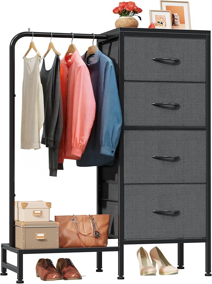 Hanging Rack, 4 Drawers Small Dresser for Bedroom, Reversable Fabric Kids Dresser