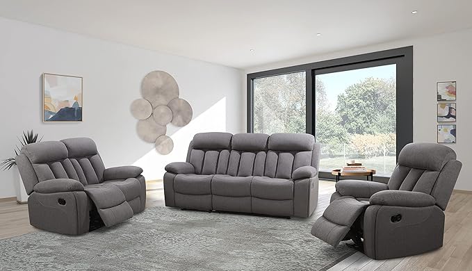 Living Fletcher Stain-Resistant Fabric Reclining 3pc Sofa Set, Gray
