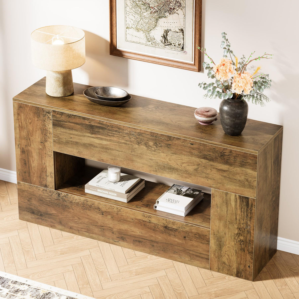 63-Inch Farmhouse Console Table, Wooden Entryway Sofa Table Behind The Couch