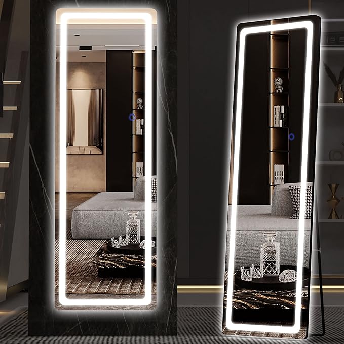 Full Length Mirror with Lights, 56" x 16" LED Floor Mirror, Full Body Dressing Standing Mirror