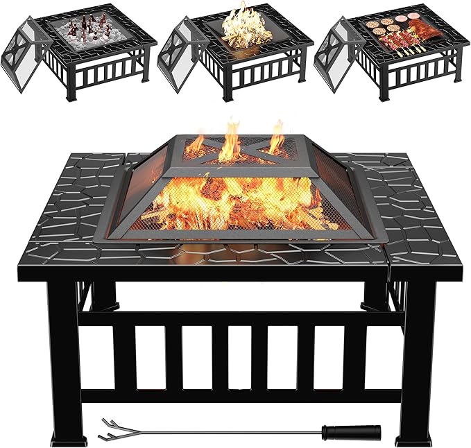 Multifunctional Patio Fire Pit Table, 32in Square Metal BBQ Firepit - Bircata