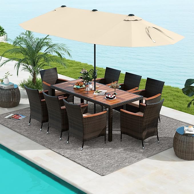 10 Piece Patio Rattan Dining Set with 15Ft Double-Sided Umbrella