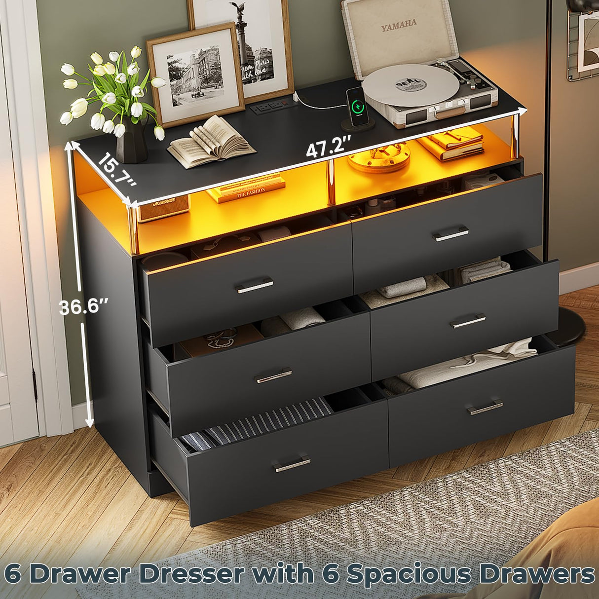 Black Dresser for Bedroom with 6 Drawers, Dressers & Chests of Drawers