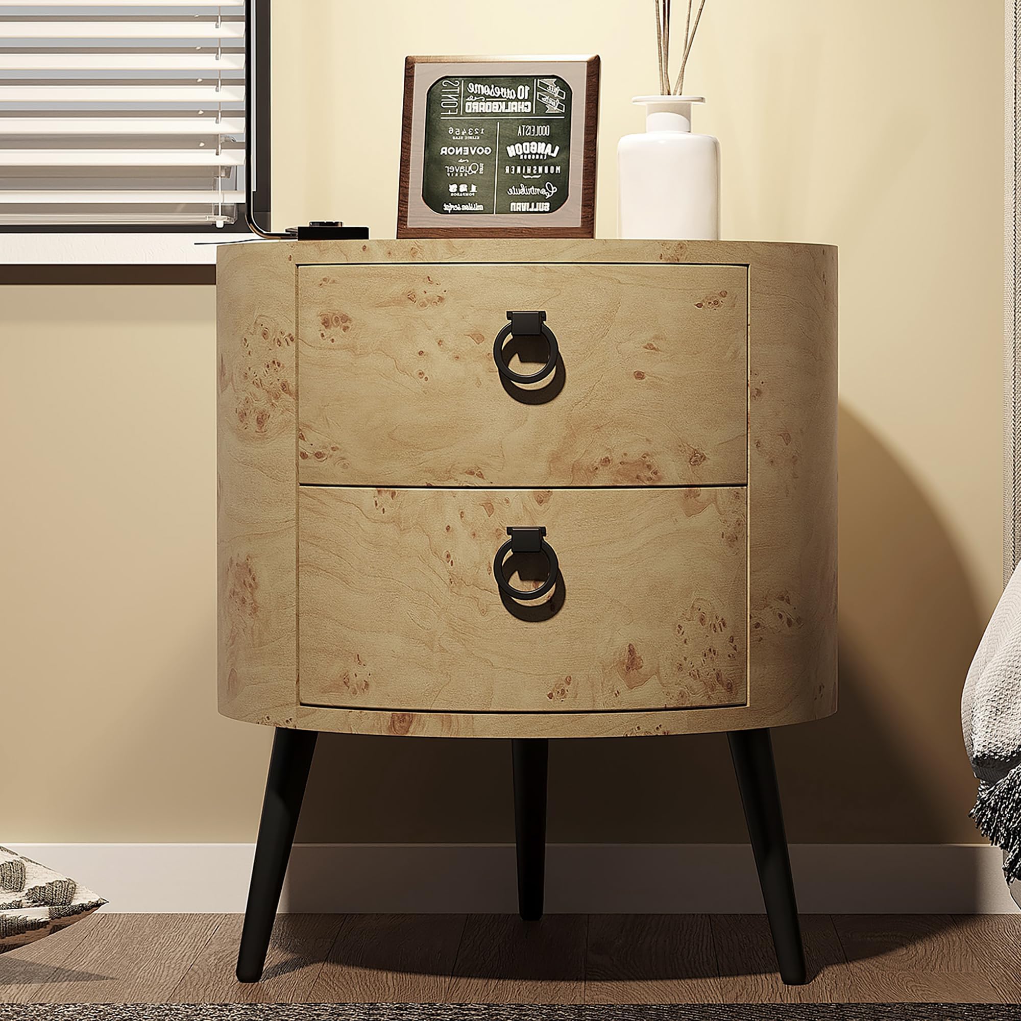 Round Side Table with Drawers Modern Night Stand with Storage Wooden Accent End Table
