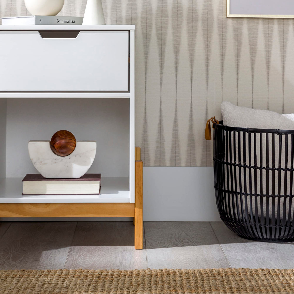 Freja Scandi Minimalist 1-Drawer Solid Wood Nightstand, 16 Inch, White