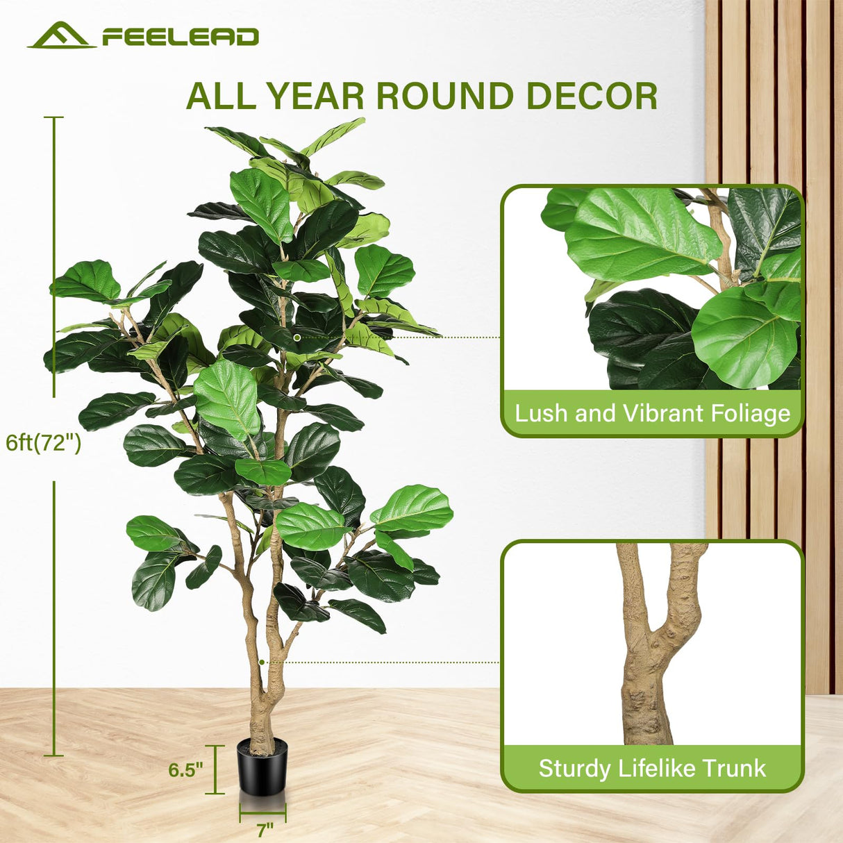 Feelead Artificial Fiddle Leaf Fig Tree - 6ft Artificial Plant Large Fake Fig Leaf Tree with Plastic Nursery Pot