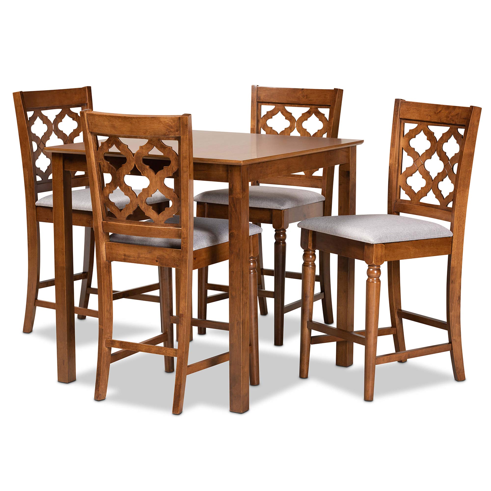 Pub Set and Pub Set Pub Set Grey Fabric Upholstered and Walnut Brown Finished Wood