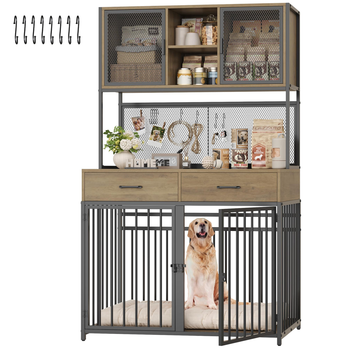 71" Tall Dog Crate Furniture with Storage Hutch - Rustic Brown