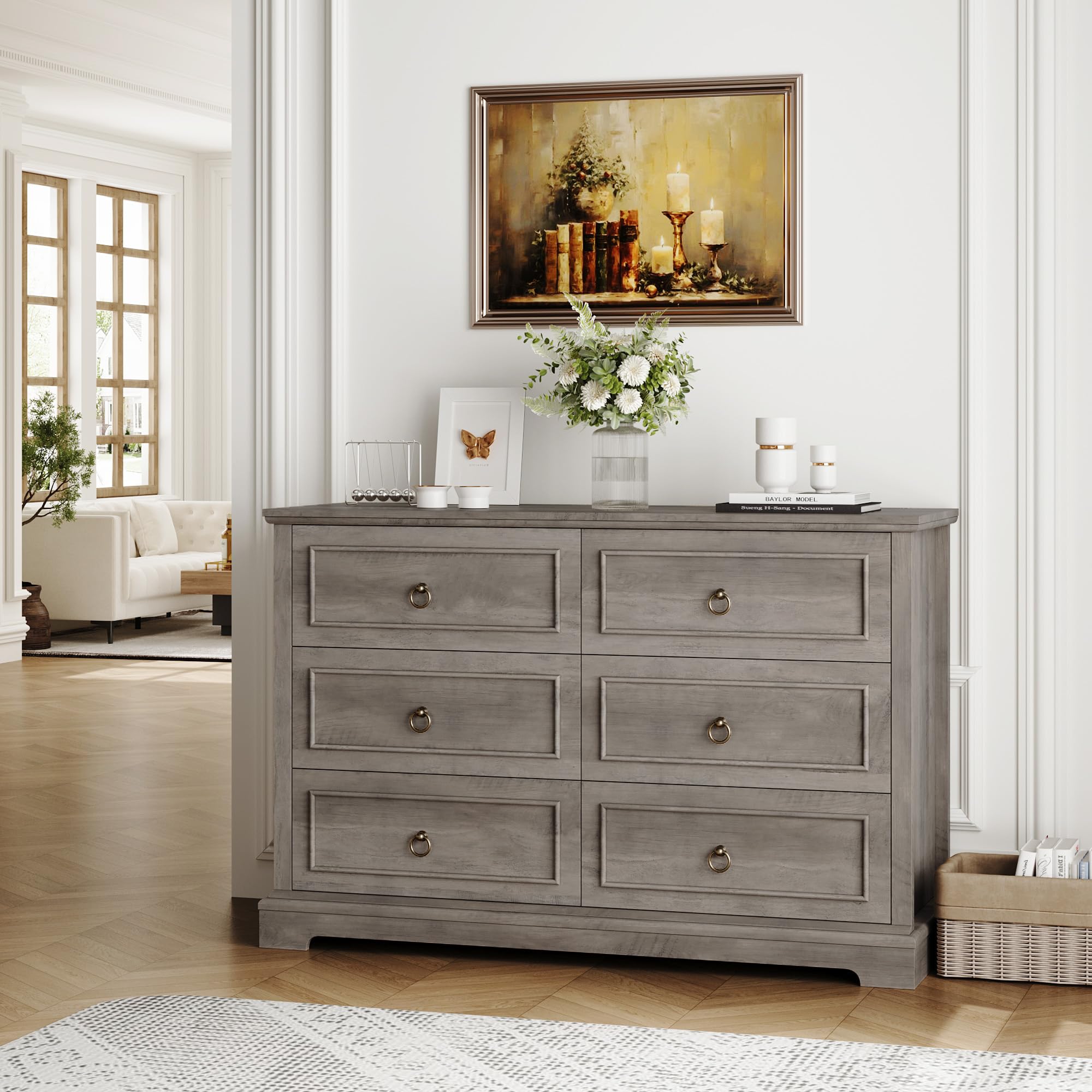 6 Drawer Double Dresser, Modern Farmhouse Chest of Drawers