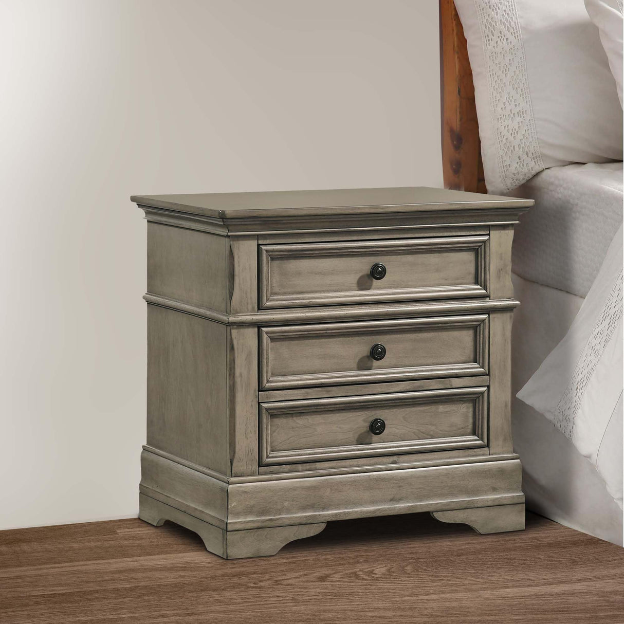 26 Inch 3 Drawer Nightstand, Felt Lined, Crown Molded, Wheat Wood, Brown, Gray and Bronze