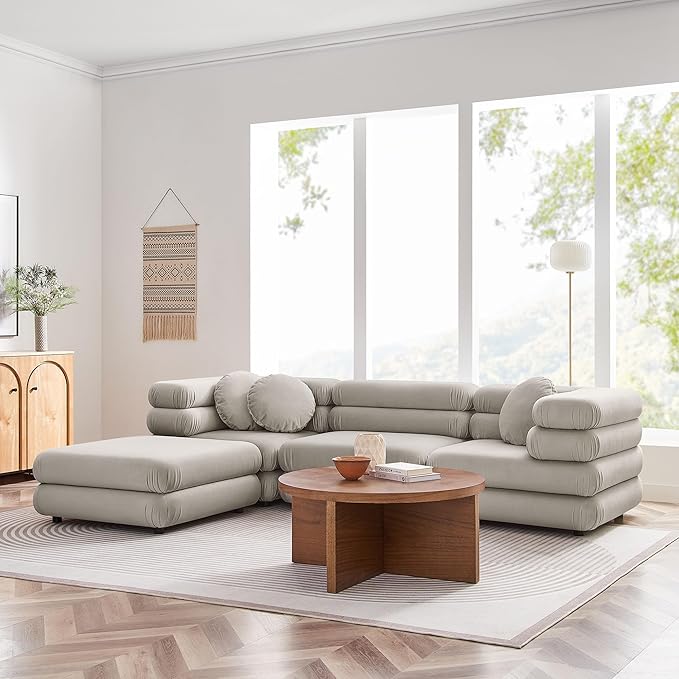 Jubilee Performance Velvet 4 Piece Sectional Sofa with Ottoman in Almond