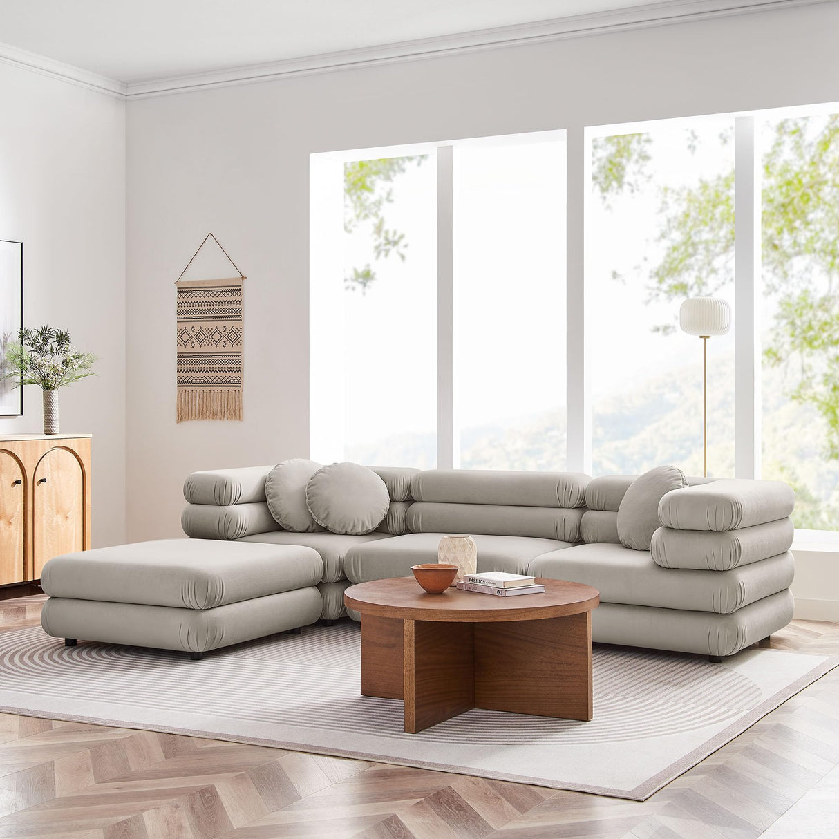 Jubilee Performance Velvet 4 Piece Sectional Sofa with Ottoman in Almond