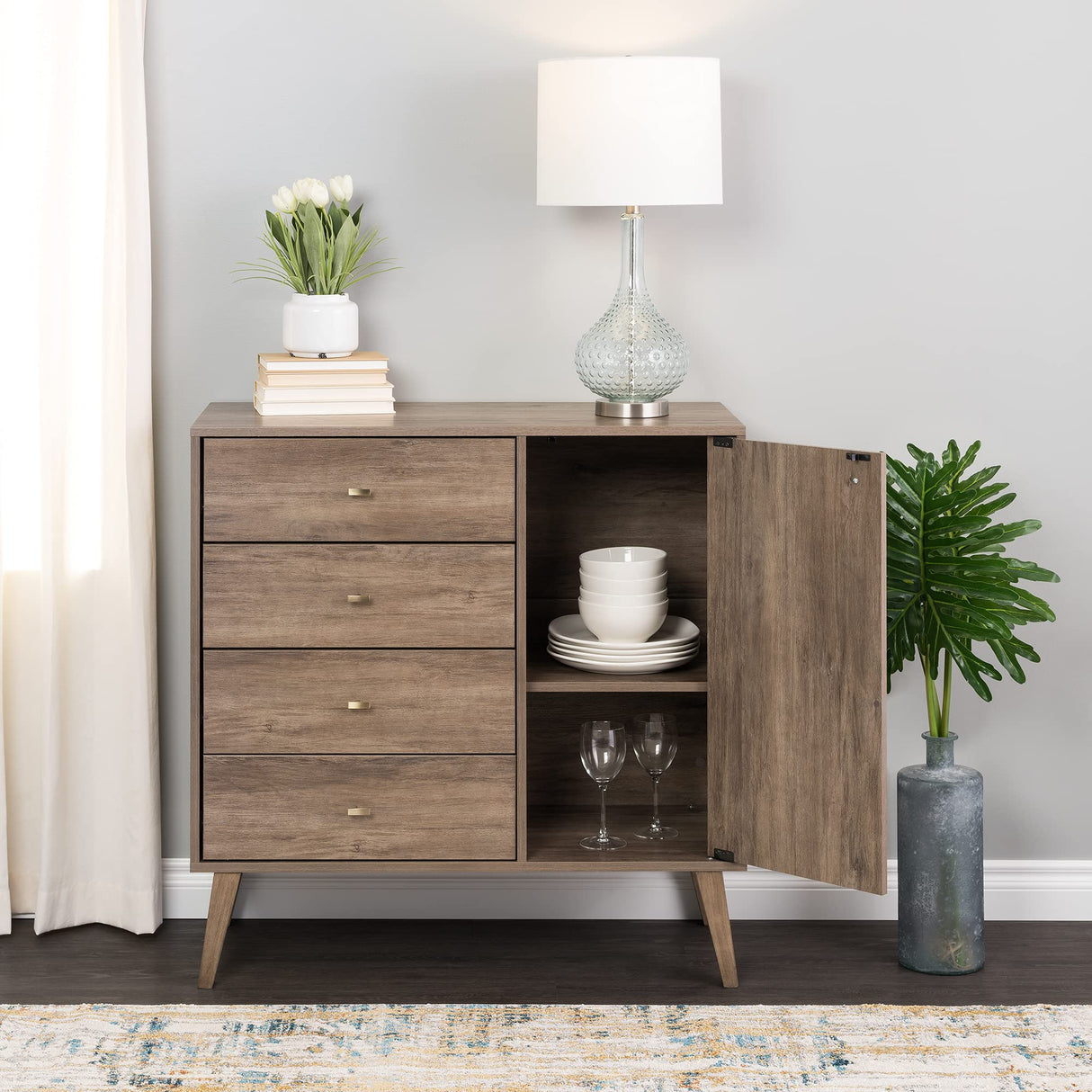 Milo Mid-Century Modern 4-drawer Chest with Door, Drifted Gray