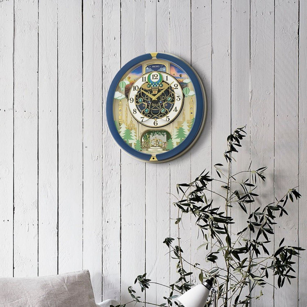 Blue Pine Fantasy Melodies in Motion Clock, Multicolored