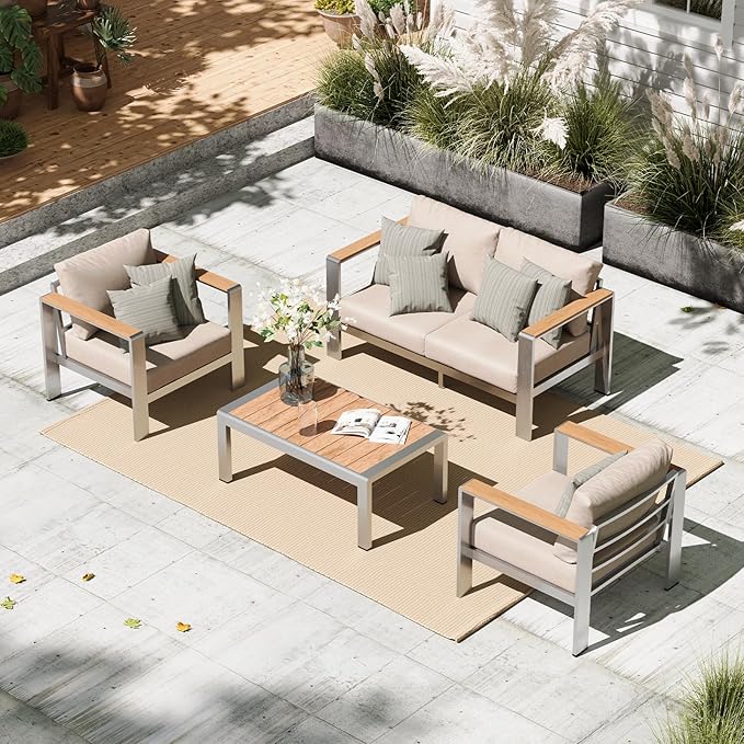 Aluminum Outdoor Patio Furniture Set with Coffee Table, 4 Piece Patio Conversation Sets