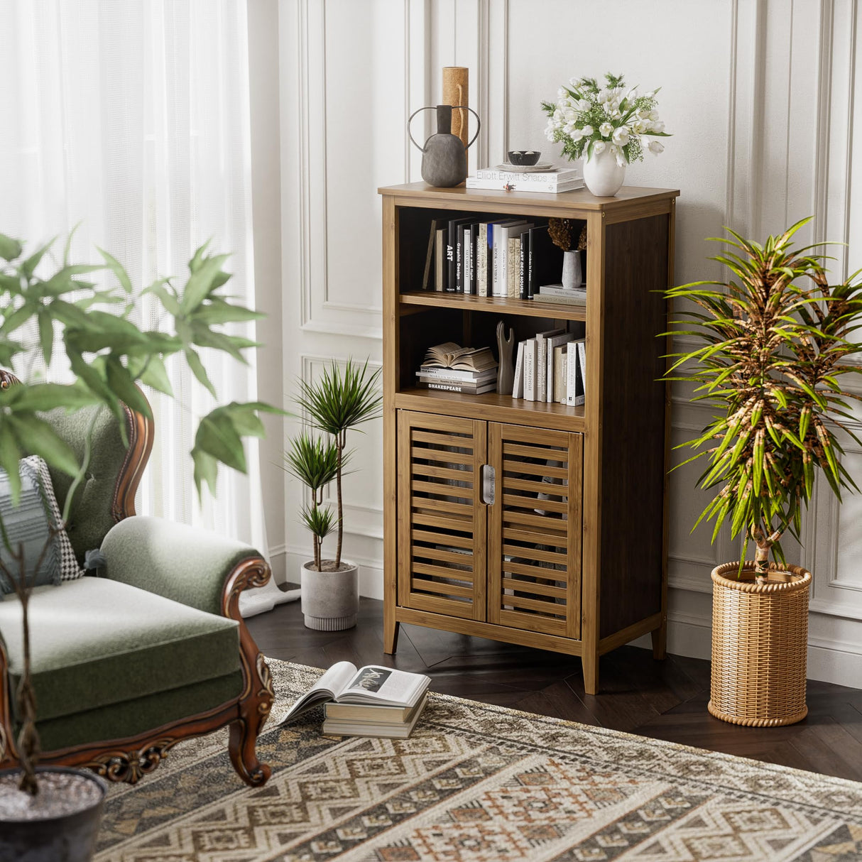 Walnut Bathroom Floor Cabinet, Bamboo Side Tall Storage Organizer