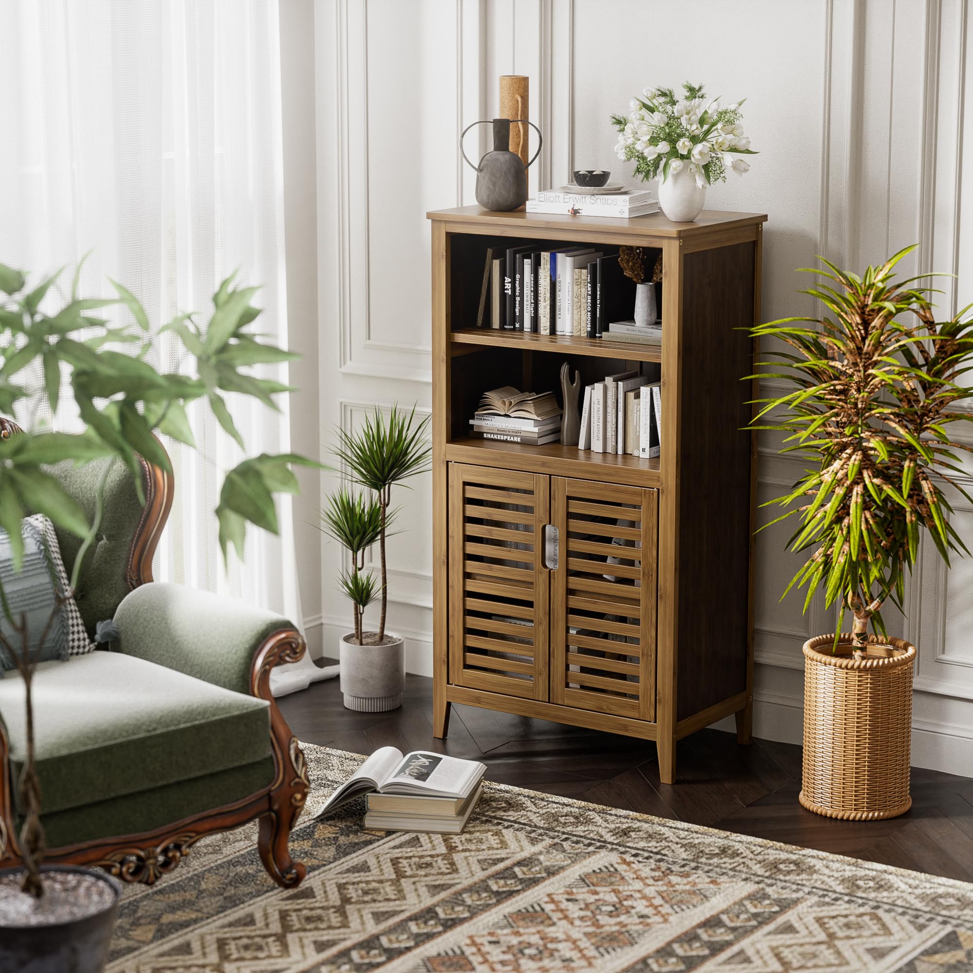 Walnut Bathroom Floor Cabinet, Bamboo Side Tall Storage Organizer