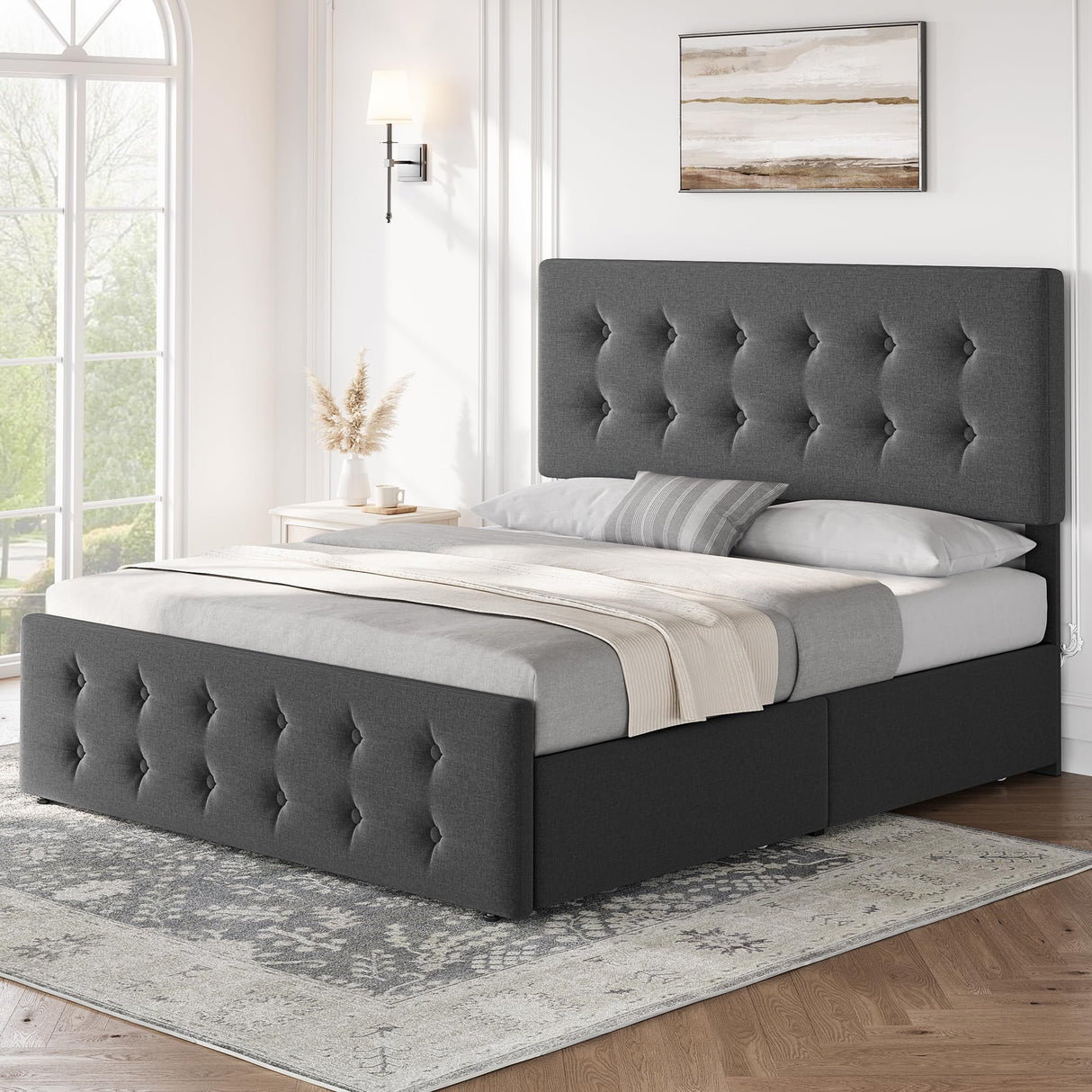 Idealhouse Upholstered Bed Frame with 4 Drawers & Adjustable Tufted Headboard