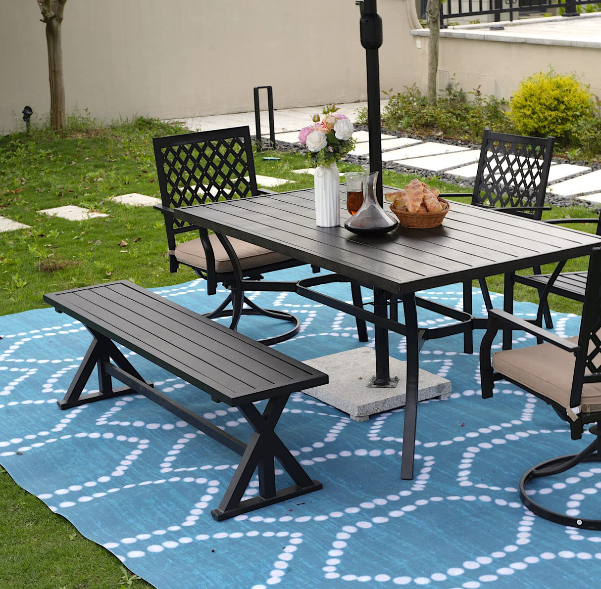 61.2" Outdoor Patio Bench, Metal Slatted Long Benches