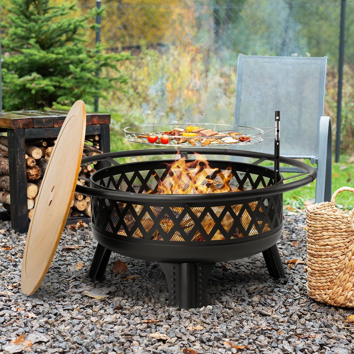 38 Inch Wood Burning Fire Pit for Outside, Round Firepit with Grill & Metal Lid