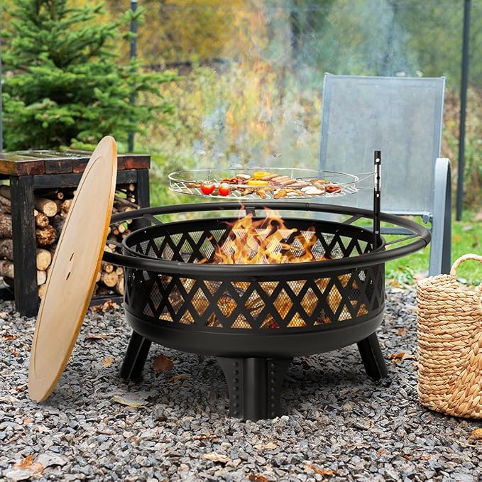 38 Inch Wood Burning Fire Pit for Outside, Round Firepit with Grill & Metal Lid