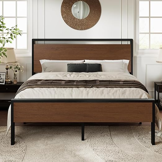 Queen Size Platform Bed Frame with Wooden Headboard and Footboard