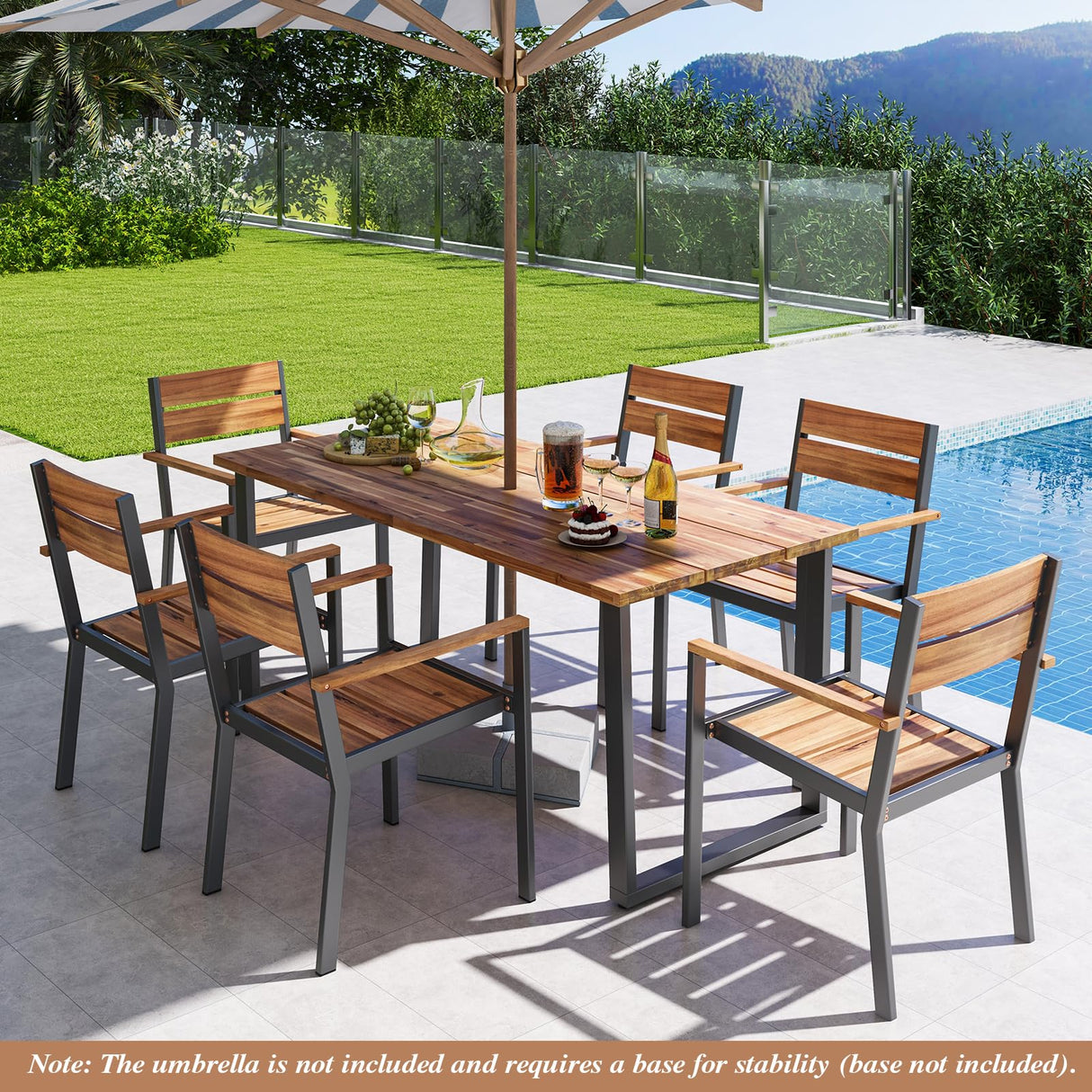 6 Heavy Duty Acacia Armrest Chairs and Rectangle Table Set, Suitable for Deck Lawn Garden Poolside and Backyard