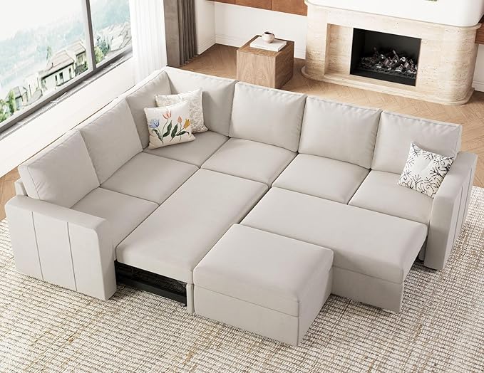 Modular Sectional Sleeper Sofa with Pull Out Couch Bed Velvet Fabric Loveseat Sleeper