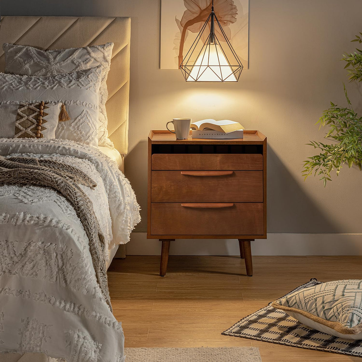 Nightstand with Charging Station, Mid-Century Modern 2 Drawer and Open Shelf Bedside