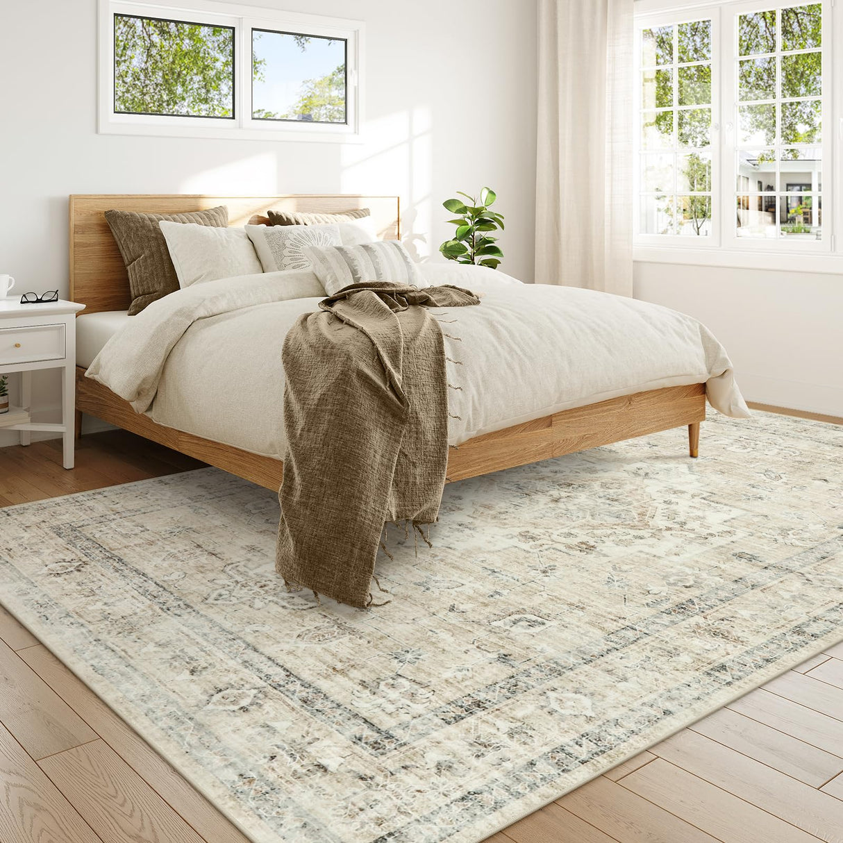 Boho Bedroom Rug 9x12 Under Bed, Soft Washable Beige Area Rugs for Living Room