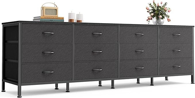 70 Inch Dresser for Bedroom, TV Stand for 65, 75, 80 Inch TV, 12 Fabric Drawer Long