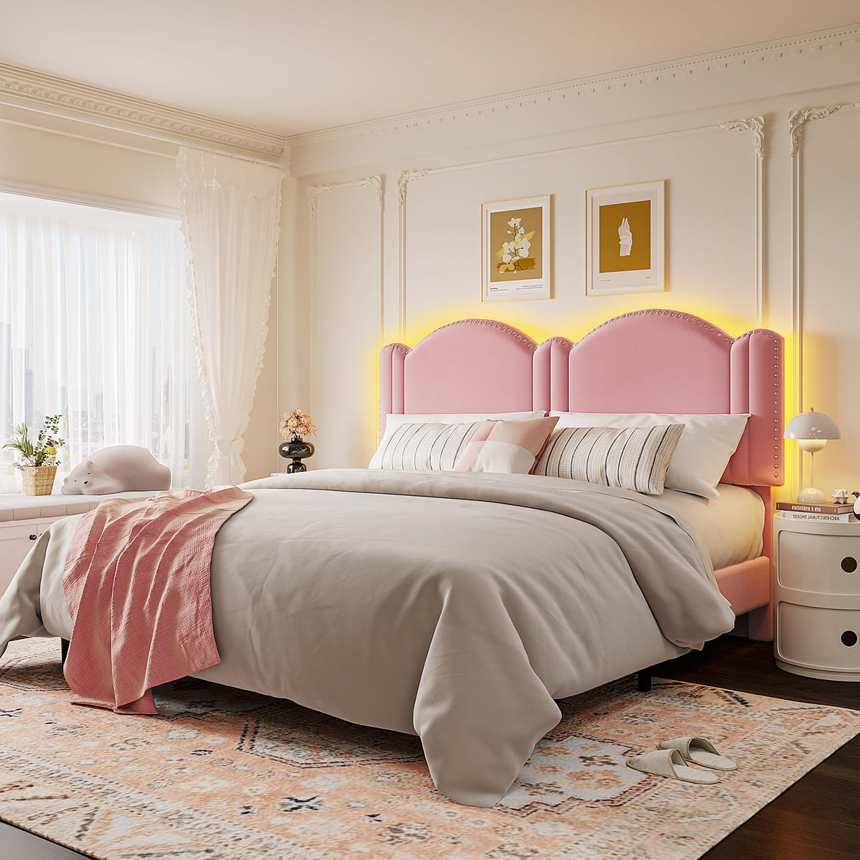 Full Upholstered Smart LED Bed Frame,Princess Platform Bed Frame