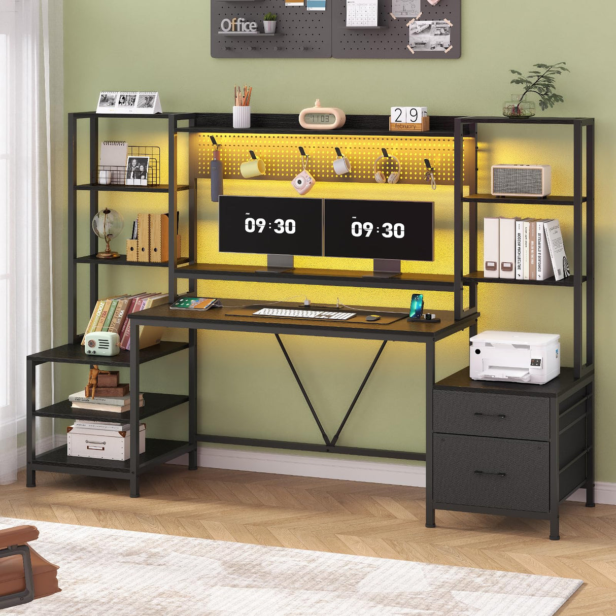 Computer Desk with Power Outlets, 81.9in Home Office Desk with Monitor Stand