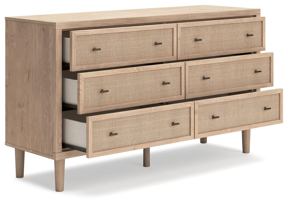 Signature Design by Ashley Cielden Coastal 6-Drawer Dresser with Safety Stop and Textured Cane Details, Light Brown