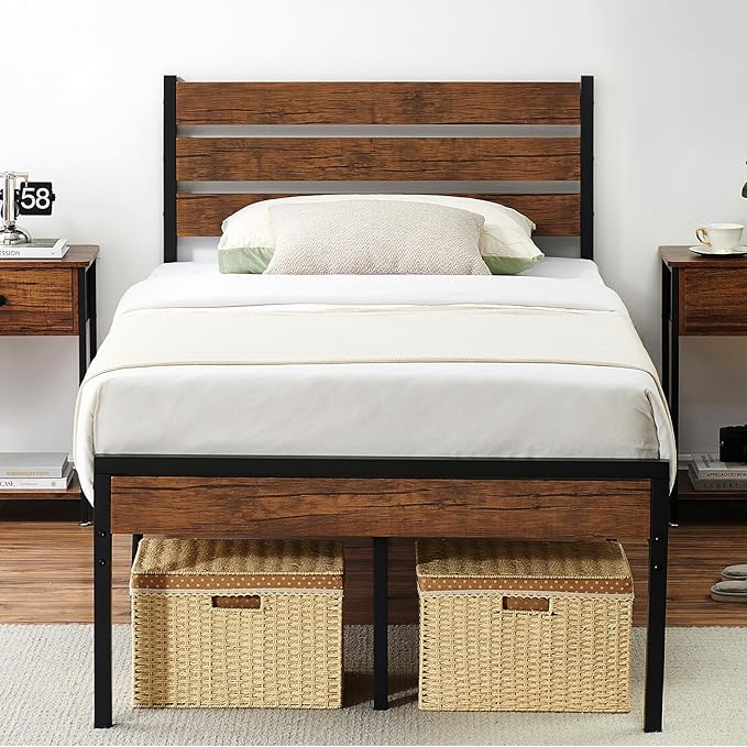 Size Bed Frame with Headboard Footboard, Rustic Brown Wood Farmhouse Metal Platform