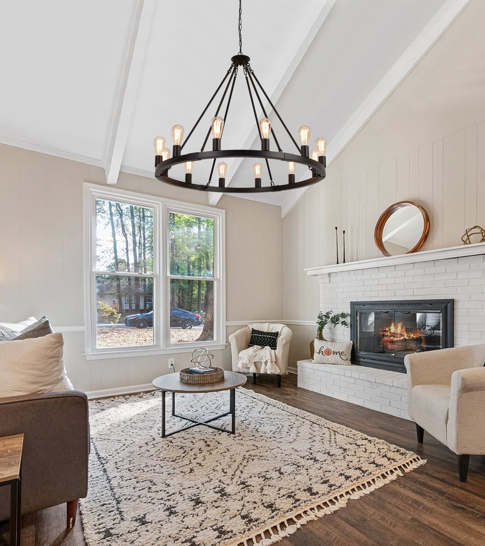 Large Farmhouse Wagon Wheel Chandelier,Black Industrial Round 12 Lights Dining Room