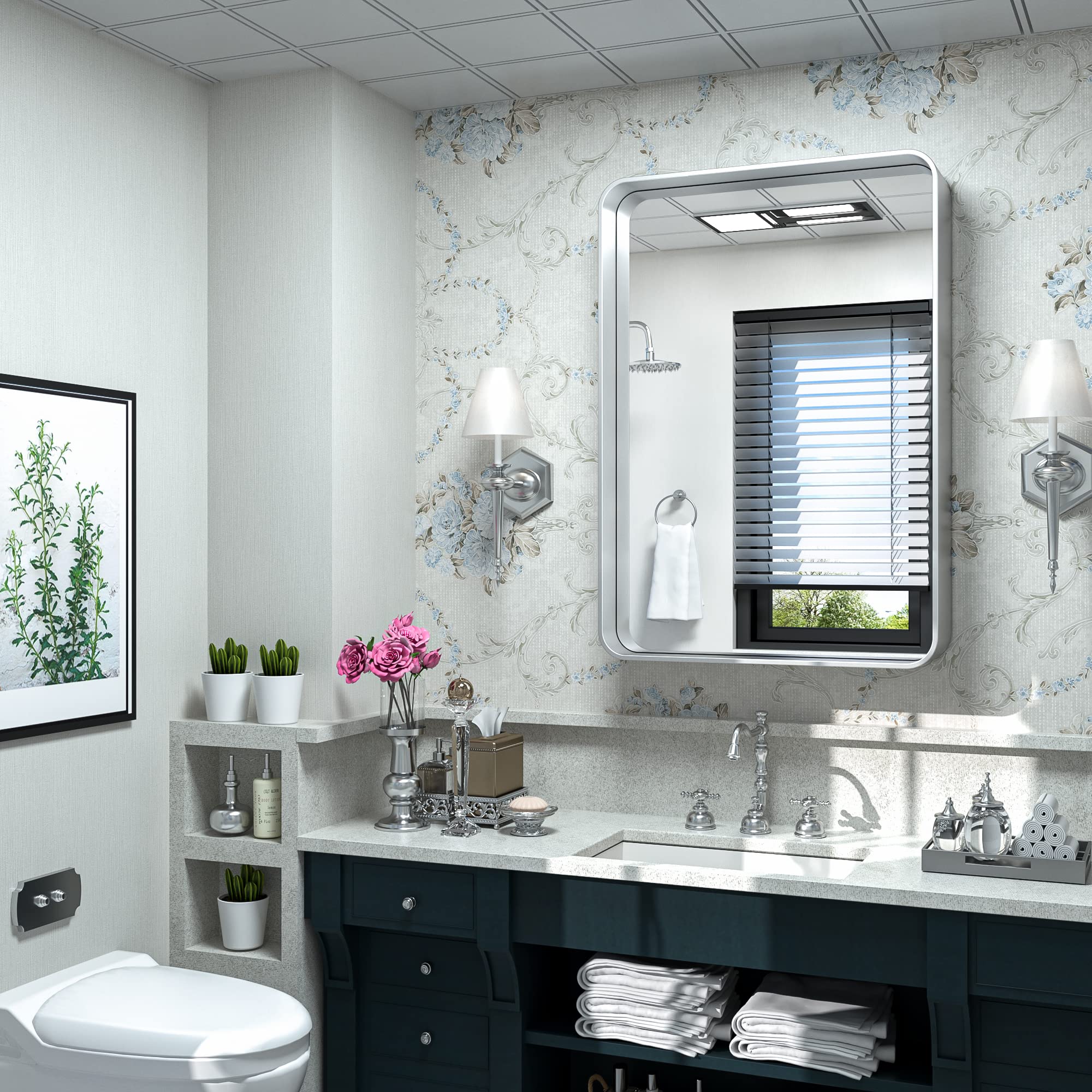 Bathroom Mirror for Wall Brushed Brass Metal Rounded Corner