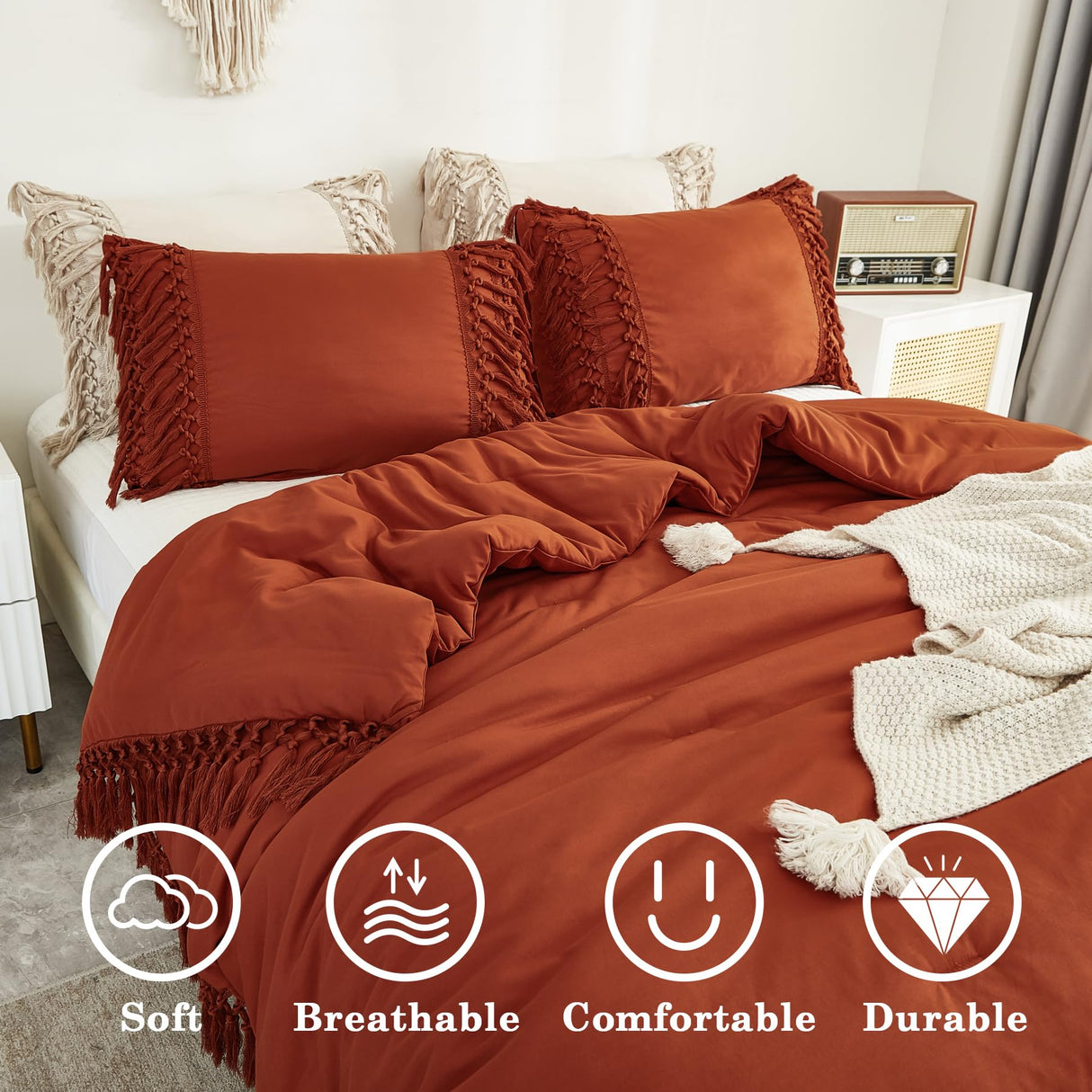 Queen Comforter Set Burnt Orange, 3 Pieces Boho Terracotta Lightweight Fall Bedding