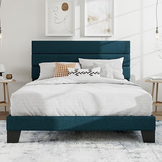 Queen Platform Bed Frame with Upholstered Fabric Headboard, Mattress Foundation